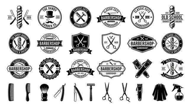 Vintage barbershop logos set with retro scissors razor comb clippers and pole icons, perfect for logo design, branding presentation and hair salon identity