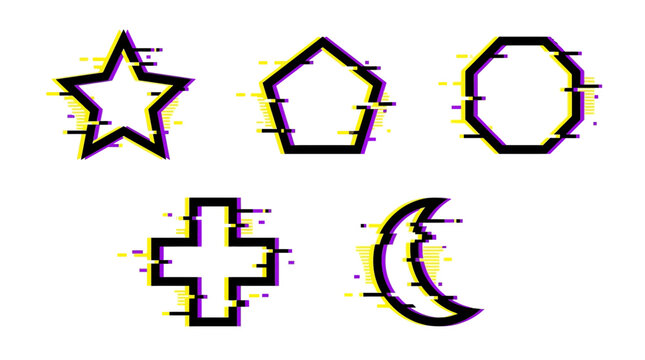 Glitch effect geometric shapes set featuring star pentagon octagon cross and moon, perfect for gaming UI design, web banners and modern poster background
