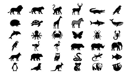 Fototapeta premium Set of black wild animal silhouettes including lion tiger giraffe elephant and fauna icons isolated on white background, perfect for educational design, logo creation and graphic art
