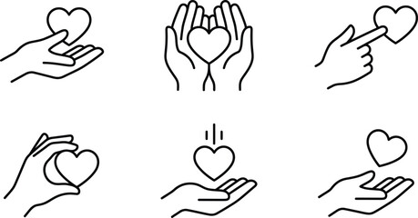Obraz premium Set of hand holding heart icons in thin line art style Vector