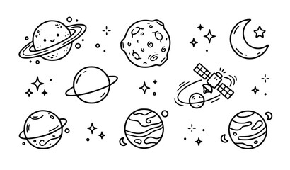 Cute Space Doodle Collection with Planets and Satellite Orbit Icons © Md Monirul
