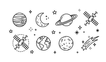 Simple Space Doodle Vector Set with Planets Moon and Satellite Orbit © Md Monirul