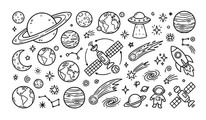 Doodle Space Elements Set, Planets Moon Saturn and Satellite Orbit Vector © Md Monirul