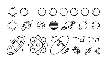 Minimal Space Line Icons Set with Planets Moon and Satellite © Md Monirul
