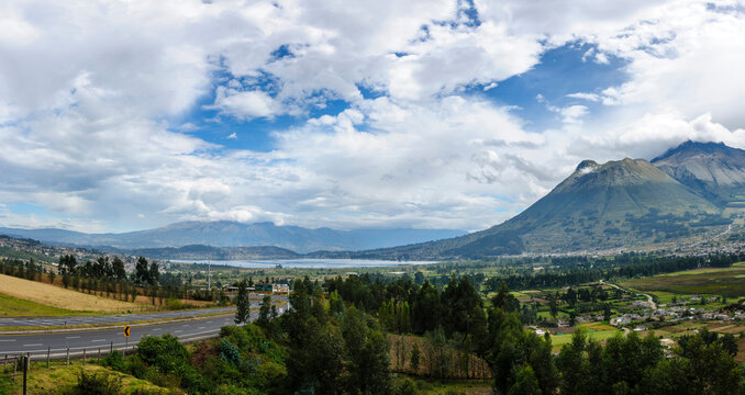 Panoramic View of Imbabura Volcano and San Pablo Lake with Road in Ecuador
