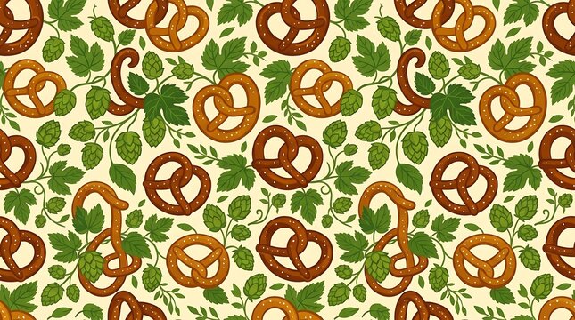 Seamless pattern with salted pretzels and green hop cones