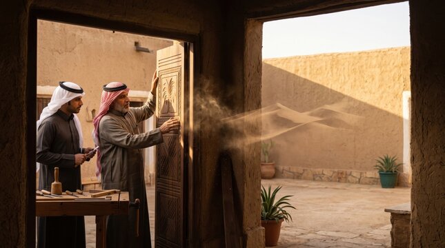 Men engaging in traditional wood carving in a Saudi courtyard