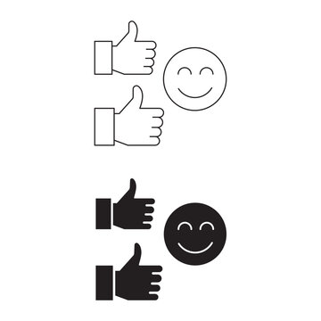 Thumbs up and happy smile face icon set for customer feedback satisfaction rating.Editable stroke, Vector illustration, Line art Icon, Symbols.