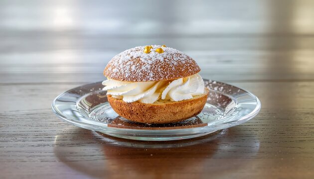 Delicious cream-filled pastry dusted with powdered sugar on glass plate