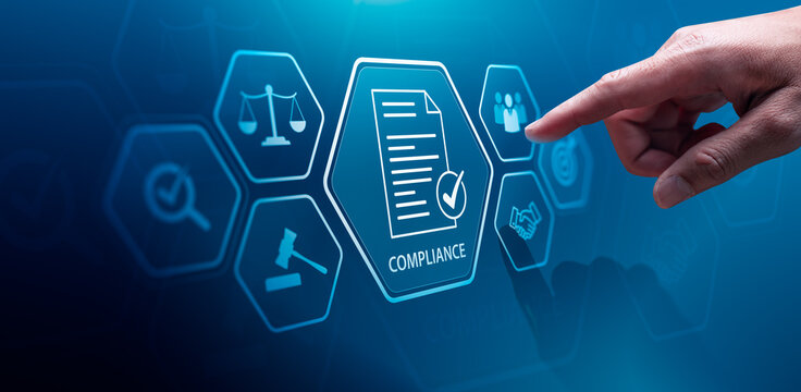 Compliance management concept with digital document checklist interface and legal regulation icons showing corporate governance audit approval and business policy control system