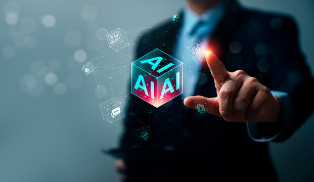 Artificial intelligence business strategy concept with professional touching virtual AI cube interface showing automation analytics target chatbot and digital transformation network