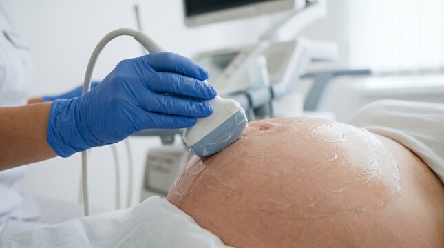 Close-up of pregnant woman getting an ultrasound scan in hospital with a doctor holding transducer