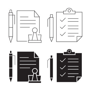 Document with pen paper clip and clipboard checklist icon set for contract and task list.Editable stroke, Vector illustration, Line art Icon, Symbols.