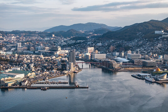Aerial view of the skyline of Nagasaki Port City, Japan