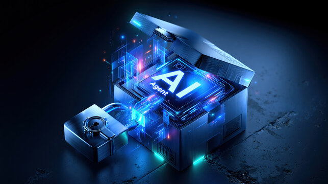 AI agent, secure machine box glowing blue futuristic technology