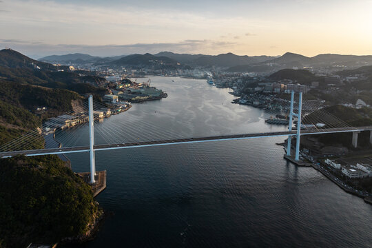Aerial view of the Megami Ohashi bridge across the channel  in Nagasaki, Japan.