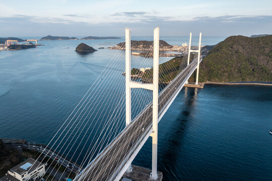 Aerial view of the Megami Ohashi bridge across the channel  in Nagasaki, Japan.