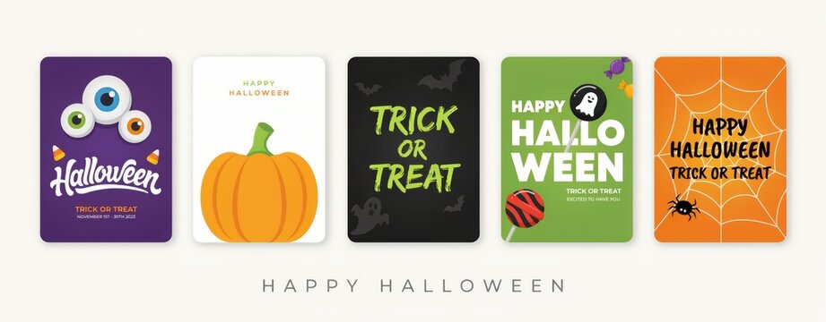 Set of 5 halloween greeting cards with festive elements