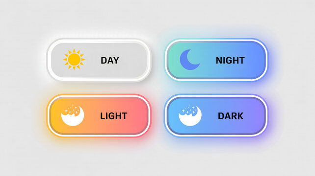 Day Night Light Dark mode theme toggle buttons UI UX design set featuring sun and crescent moon icons with soft glowing gradient outline and neumorphism effect isolated on light grey background.