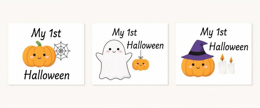 My 1st halloween cute pumpkin ghost witch hat set isolated on white background
