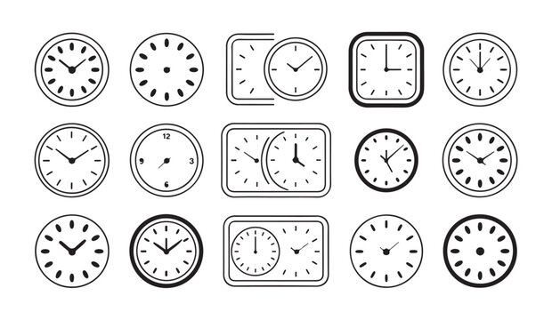 Minimalist analog clock face collection with different hand positions and frame shapes for modern web design.