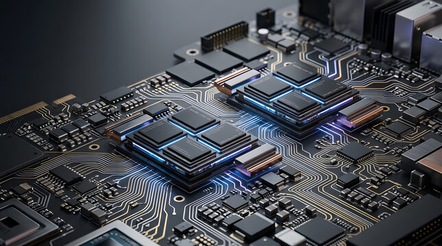 Advanced computer motherboard with multiple processors and glowing blue connections