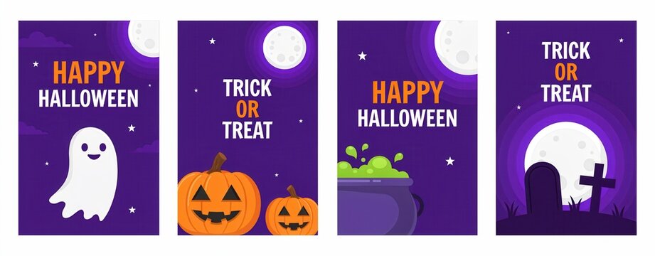 Set of halloween greeting cards with ghost, pumpkins, cauldron and graveyard