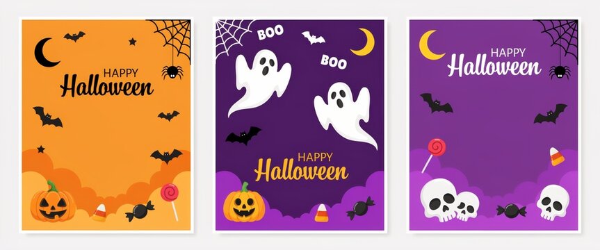 Set of three halloween greeting cards with spooky elements