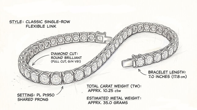Solitaire Diamond Single Line Tennis Bracelet Sketch with GB Lock and Detail Approximation Estimation 