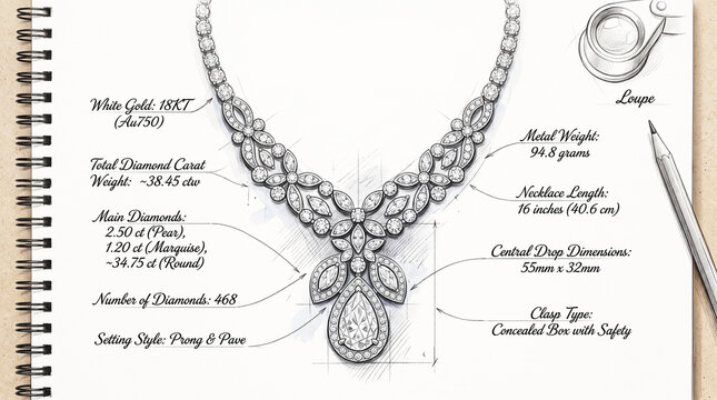 Bridal Diamond Necklace Full Sketch of Front View with Approximation Detail Estimation 