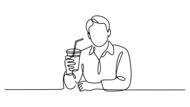 Continuous one line drawing of a man sitting at a table and drinking a cold beverage from a plastic cup with a straw Vector, illustration