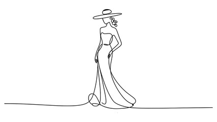 Obraz premium Elegant woman in a long dress and wide brim hat drawn with one continuous black line isolated on a clean white background Vector, illustration
