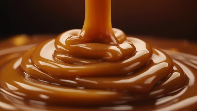 Thick golden caramel sauce drizzles into glossy ribbons, pooling in slow motion under soft overhead lighting with rich amber sheen and cinematic macro food texture.