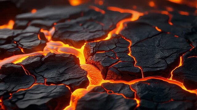 Glowing molten lava flows across dark volcanic rock, fiery cracks pulsing with orange light under dramatic backlighting, creating powerful cinematic macro geological texture.