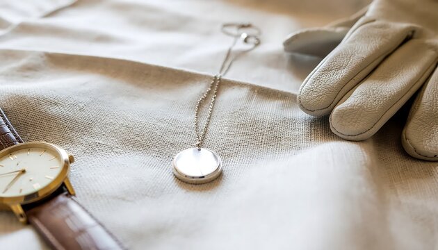 Elegant necklace and watch on white fabric with leather gloves