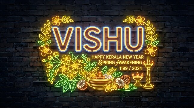 Bright neon sign celebrating the festival of vishu with traditional flowers and lamps mounted on a dark textured brick wall