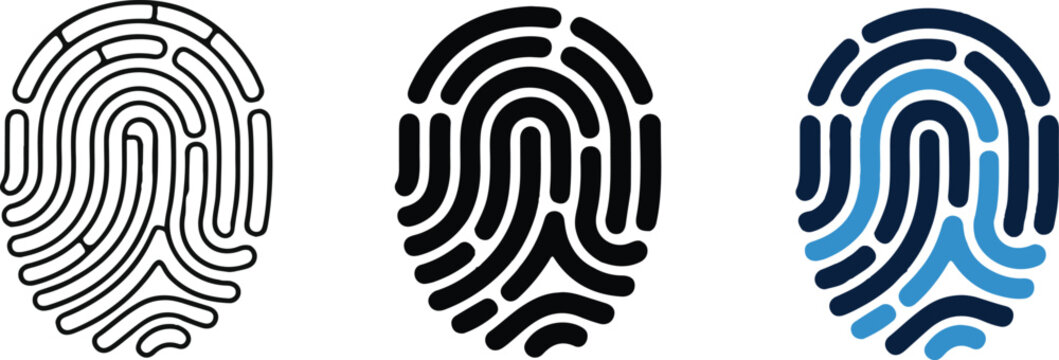 Fingerprint identification icon in outline glyph and flat blue style set.