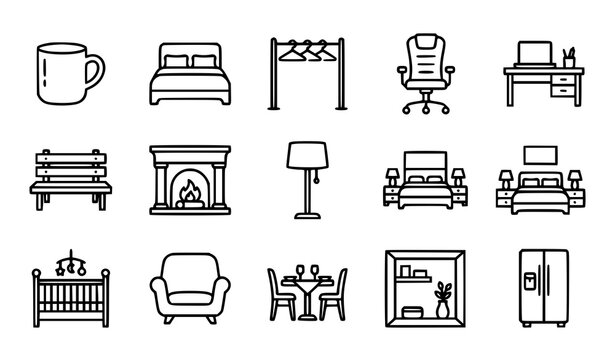 Contemporary Linear Interior and Hospitality Icons with Home Office Cafe Bedroom and Restaurant Furniture Set