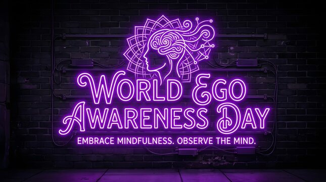 Bright purple neon sign displays world ego awareness day text with a stylized human head profile and intricate glowing patterns