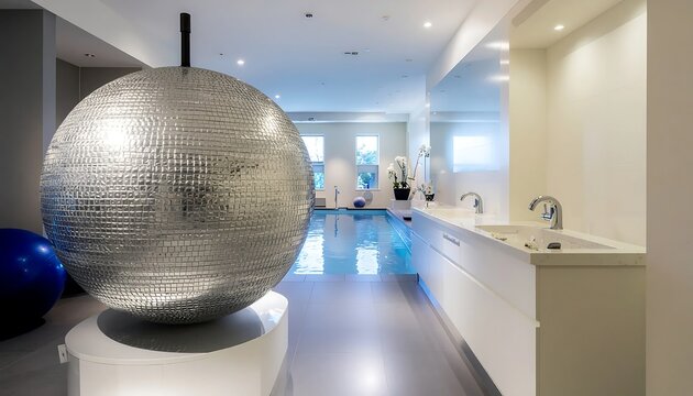 Modern gym interior with disco ball and blue exercise balls