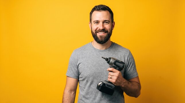Bearded man in holds a cordless power drill, standing against a bright yellow background. Male hand and construction tools for house room renovation. Home renovation concept