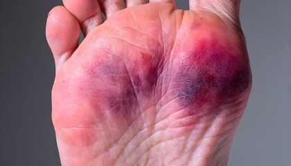 Fototapeta premium Heel bruising from plantar fascia injury, bottom view of foot showing skin trauma and inflammation