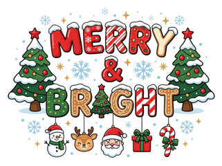 Fototapeta premium Merry and bright christmas text graphic with festive icons, christmas
