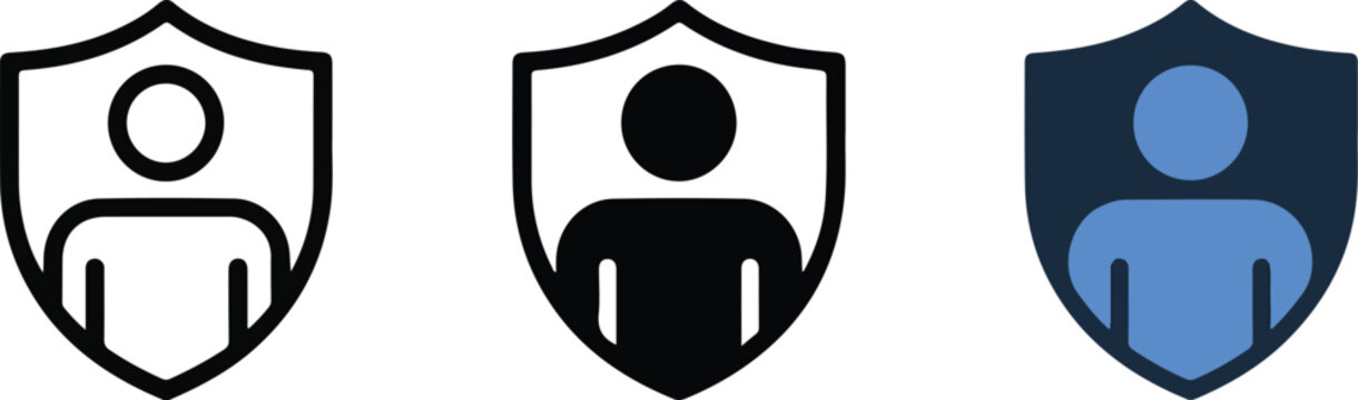Person silhouette behind security shield icon in three distinct styles.