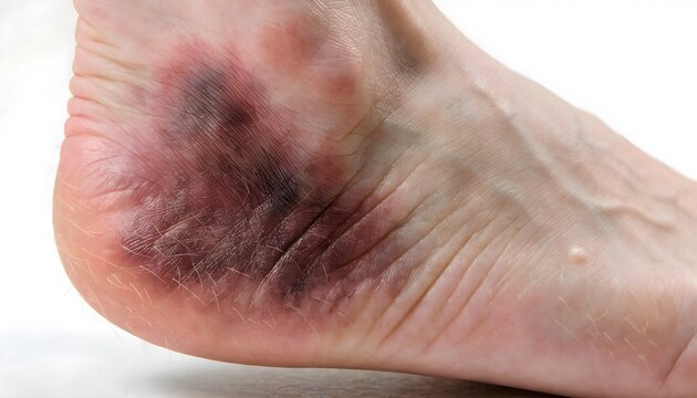 Medical reference photo of heel area bruising and plantar fascia tissue damage on sole of foot