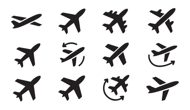 Set of black airplane icons in various flight poses and with motion indicating travel on white background.