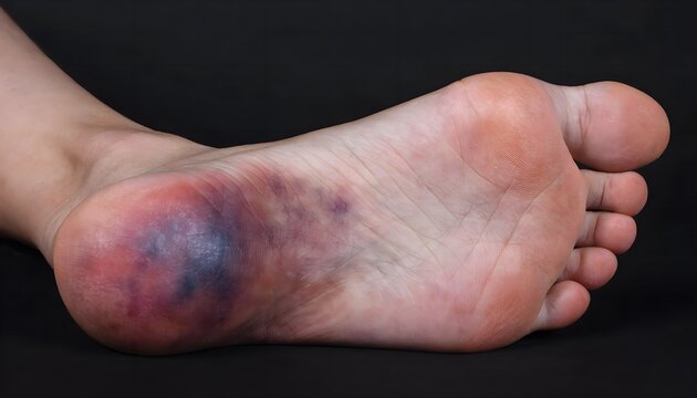 Plantar fascia bruising on heel area in sole of foot view for medical reference photography