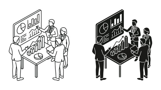 Business team in isometric presentation meeting analyzing financial data