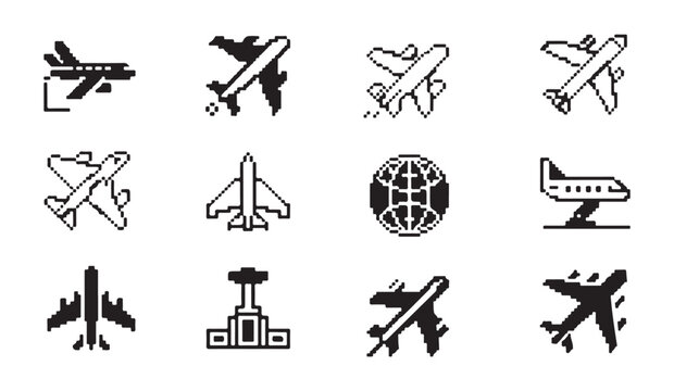 Pixel art airplane icons set with various aircraft silhouettes and flight control tower symbols for graphics.