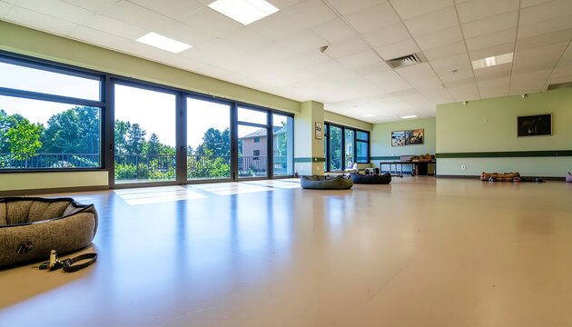 Bright empty gym with large windows and wooden floor